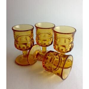 Set of 4 Amber King’s Crown Thumbprint Champagne Sherbet Glasses | Tiffin Glass